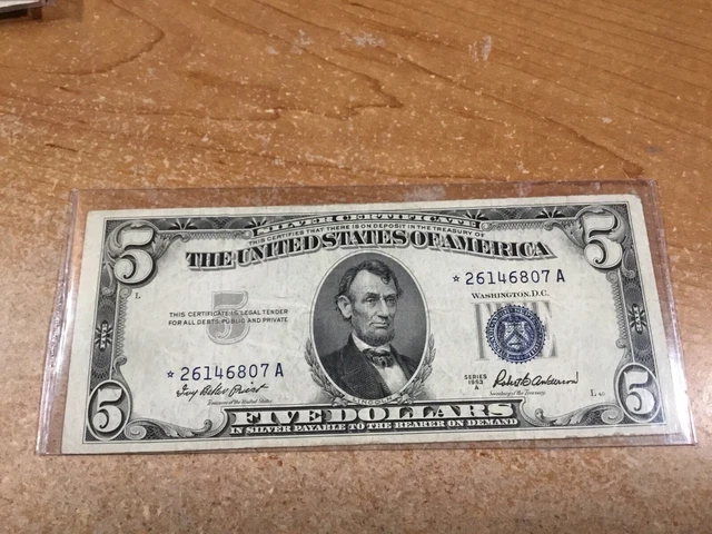 1953-A SERIES *Star Note*-$5 Silver Certificate-Blue Seal-0800 A