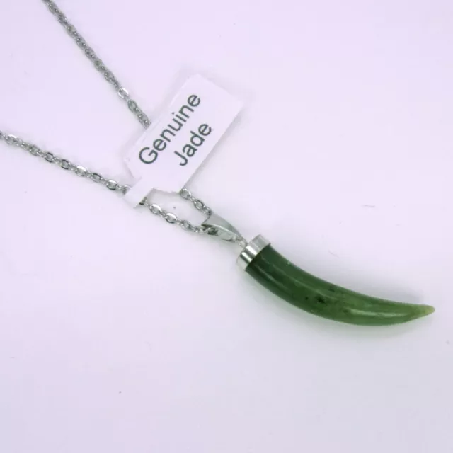 Carved Jade Horn Necklace, 1970s Horn Necklace, New Old Stock Silver Finish