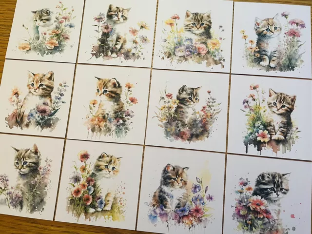 6x Watercolour Floral Kitten Card Toppers Card Making Mothers Day Birthday Cat