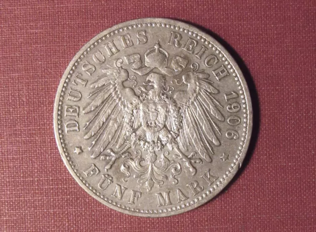 1906F Wurttemberg, German States 5 Mark - Sharp High Grade, Very Low Mintage!