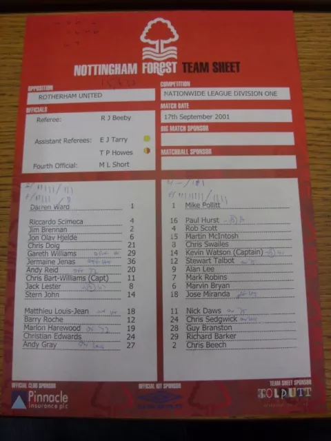 17/09/2001 Colour Teamsheet: Nottingham Forest v Rotherham United (Folded, match