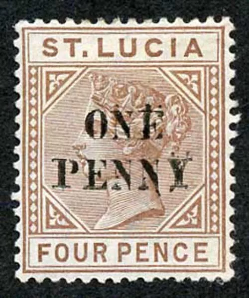 St Lucia SG55a 1d on 4d Brown Opt DOUBLED Fresh M/Mint