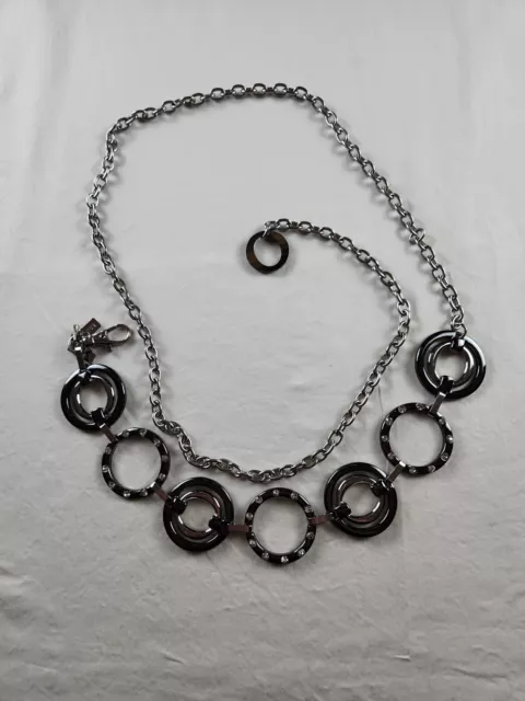 Chicos Womens Hip Belt Chain Silver Adjustable Clip Circles Medallions Faux 50in