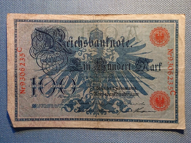 Reichsbanknote 100 Mark 7 Februar 1908 Wert ALTE REICHSBANKNOTE GELDSCHEIN Einhundert 100 Mark 7. Februar 1908