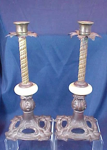 Vintage Art Deco Bronze Brass Cast Iron Pair Candle Sticks Alabaster Ornate