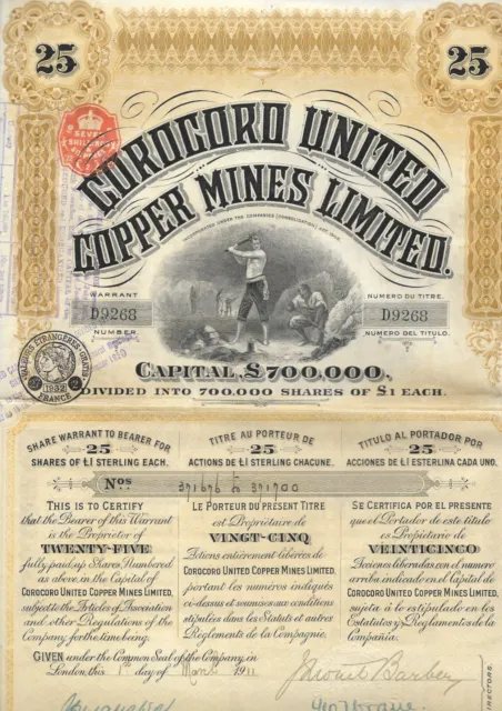 Action COROCORO UNITED COPPER MINES LIMITED 1911 BOLIVIE  LONDRES LIVRE STERLING