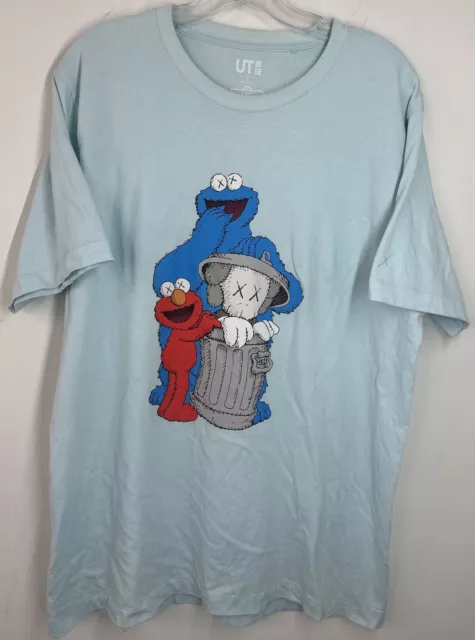 Uniqlo x Kaws Men's LARGE Light Blue T Shirt Sesame Street Elmo Cookie Monster