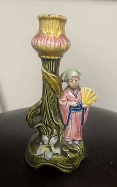 Majolica Woman & Flower Candlestick Art Nouveau Style Pink and Green c1900
