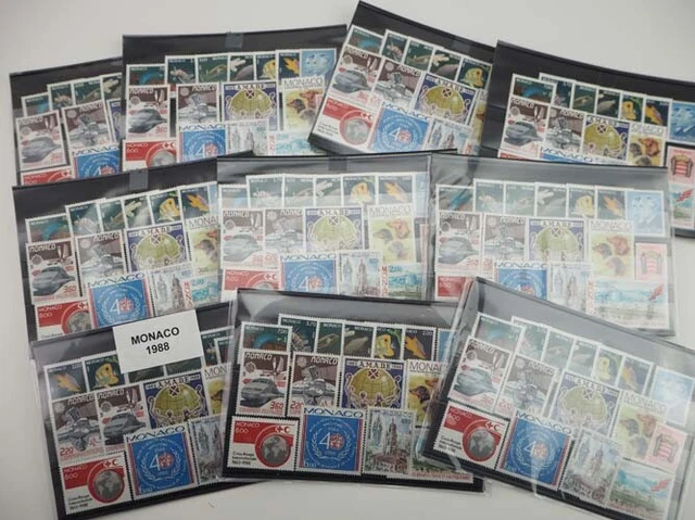 1988 Monaco; 10 komplette Jahrgänge ohne Block & MiNr. 1851/54, **/MNH, ME 868,-