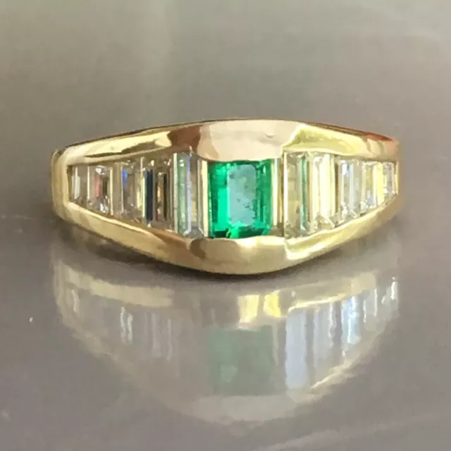 14K Yellow Gold Natural Earth Mined Emerald Baguette Diamond Lady's Band Ring 2