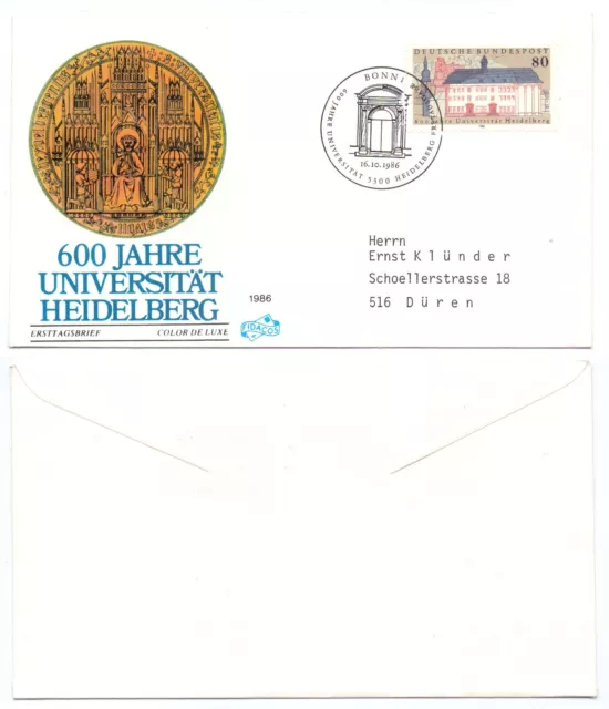 102525 - Mi.Nr. 1299 - FDC - Bonn 16.10.1986 - 600 Jahre Universität Heidelberg