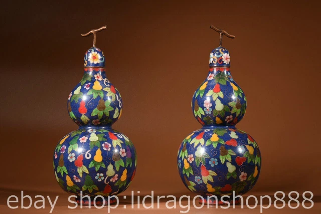 12.4" Rare Old Chinese Copper cloisonne Dynasty Fengshui gourd Statue Pair