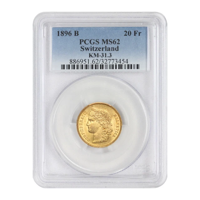 Swiss 1896-B 20 FR Gold Helvetica PCGS MS62 KM-31.3 Bern minted European coin Swiss 1896-B 20 FR Gold Helvetica PCGS MS62 KM-31.3 Bern minted European coin