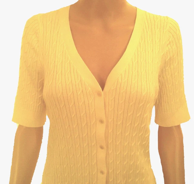 TALBOTS M Pima Cotton Cable Knit Pastel Yellow Short Sleeve Sweater Cardigan