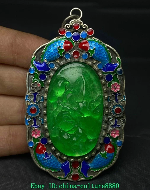 Pendentif Chinois Ancien Des Années 1920 - Argent 925, émail Cloisonné Et Lapis Lazuli