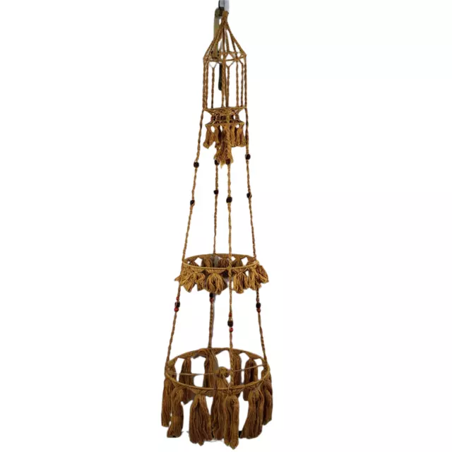 Vintage Mid Century Gold Macrame Large Plant Hanger Wooden Beads Tassels 8 Ft