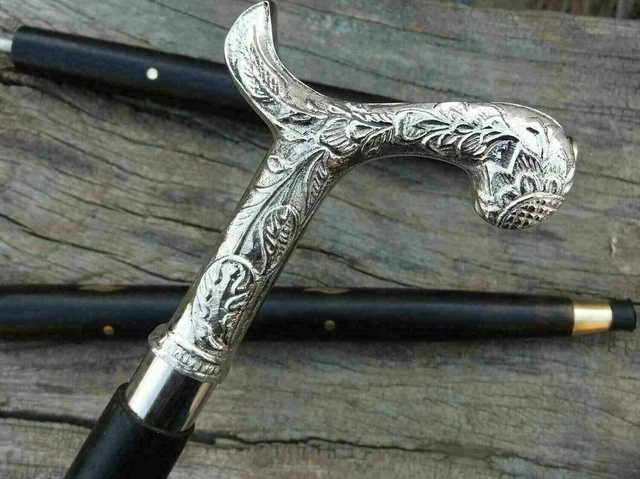 Victorian Design Vintage Brass Silver Handle Wooden Walking Stick Handmade Cane