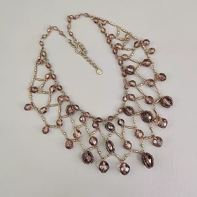 Liz Claiborne Bib Necklace Smokey Brown Acrylic Beaded Gold Tone Chain 18" 2