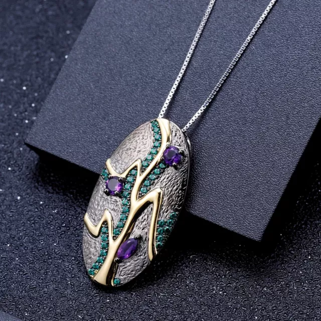 Natural Amethyst Gemstone 925 Sterling Silver Handmade Leaf Pendant Necklace