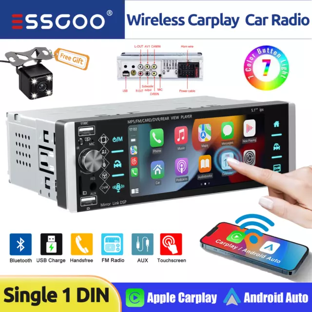 ESSGOO Single 1 DIN Car Stereo Apple CarPlay/Android Auto Bluetooth FM-Radio USB