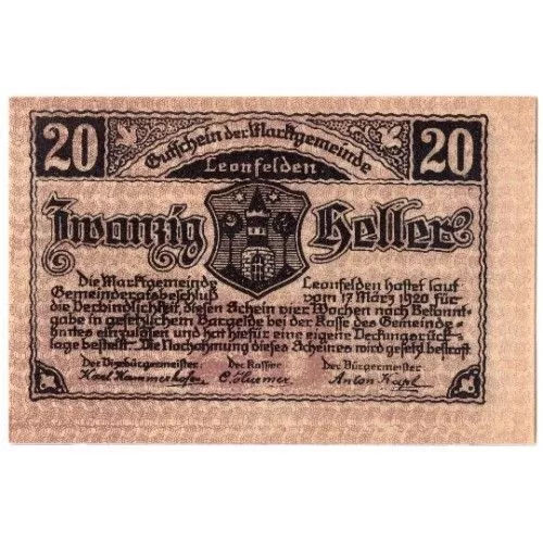 Leonfelden Austria/Notgeld 20 Heller Note, 1920 (G119)