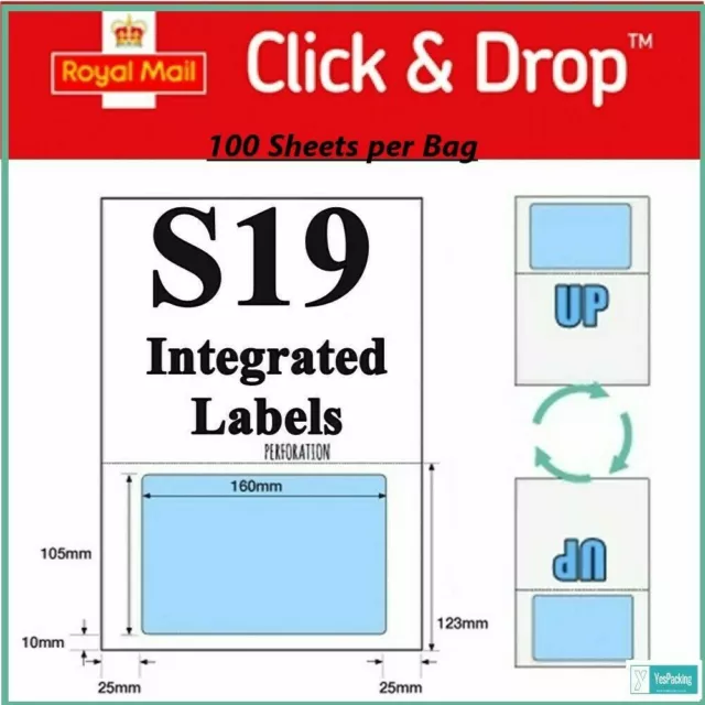 100pcs Royal Mail Click and Drop S19 Labels A4 Integrated Postage Address Labels