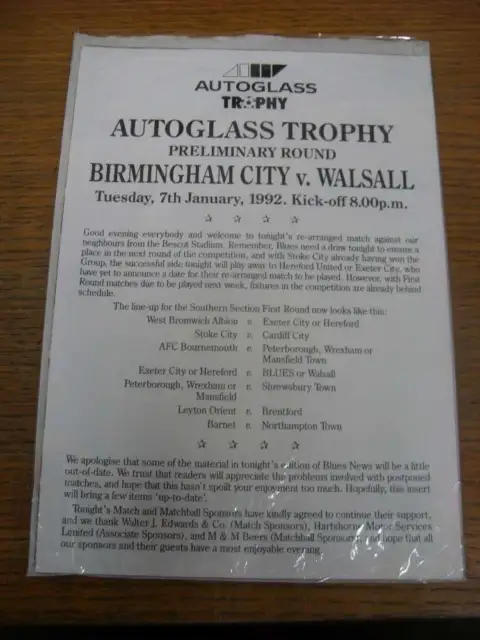 07/01/1992 Birmingham City v Walsall [Autoglass Trophy] Programme Dated 10/12/19