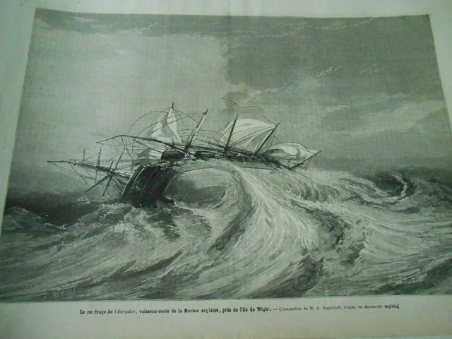 Gravure 1878 - Naufrage de l'Eurydice vaisseau école Marine Anglaise Ile Wight