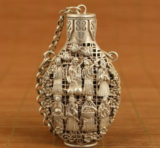 chinese old tibet silver hollow carved 8 immortals snuff bottle netsuke Box