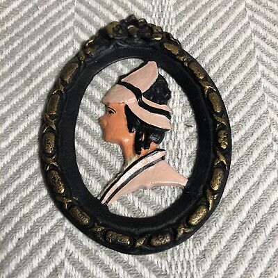 VTG Cast Iron Side Profile Silhouette Woman Lady In Pink Wall Hanging Decoration