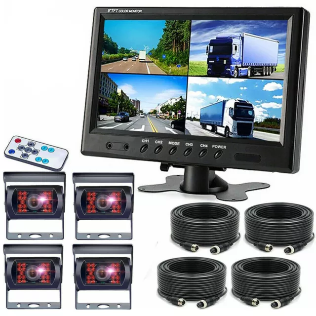 9" Quad Split Monitor Heavy Duty Rear View Back Up Camera System For Bus Truck