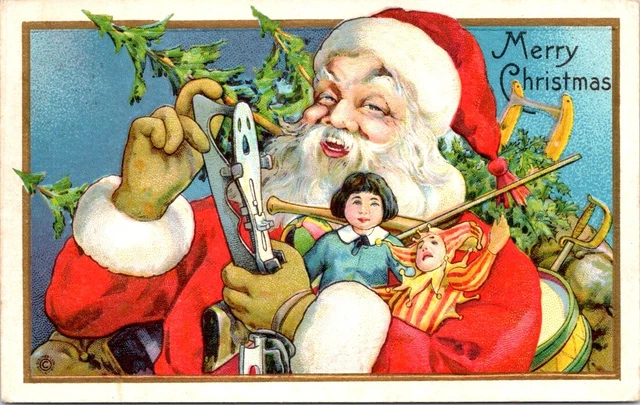 1918, SANTA Holding an ICE SKATE, CHRISTMAS Greetings Postcard - Series 540 B