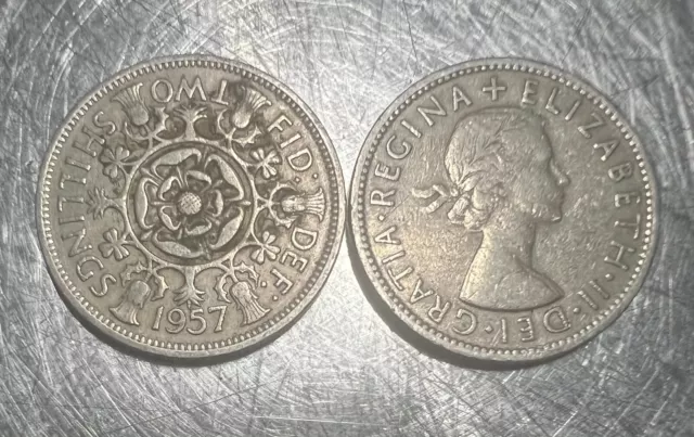 1957 Queen Elizabeth II Two Shilling/Florin UK Coin - circulated