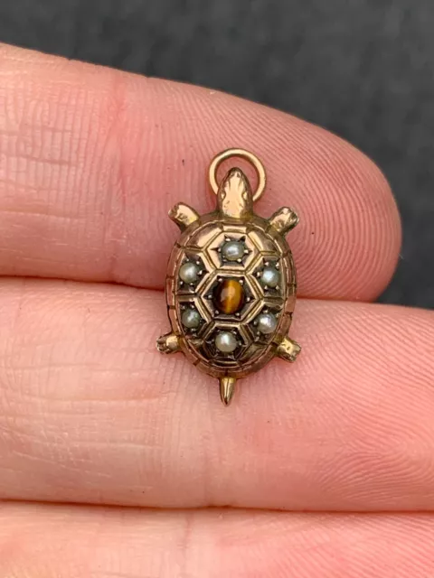 9ct gold tigers eye & seed pearl novelty tortoise charm/ pendant, Victorian