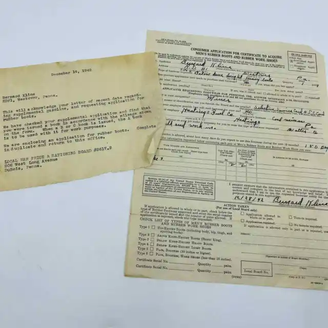 1942 OPA Application to Acquire Rubber Boots Bernard Klein Westover PA D3