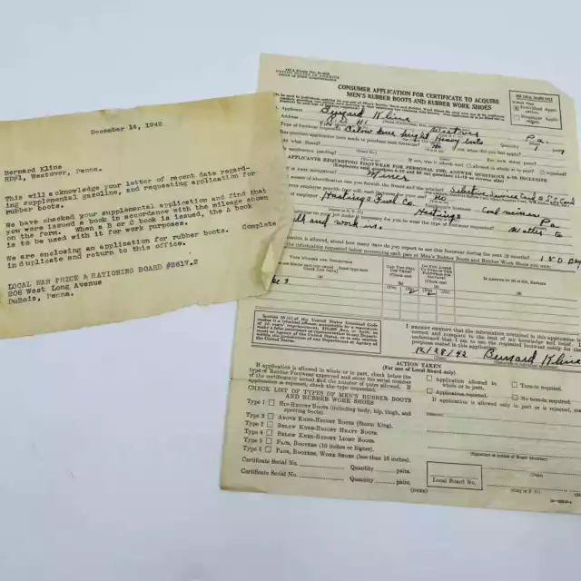 1942 OPA Application to Acquire Rubber Boots Bernard Klein Westover PA D3