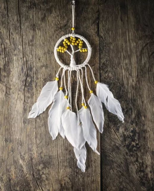 Acchiappasogni Bianco Piccolo con Piume Dream Catcher Regalo Albero della vita