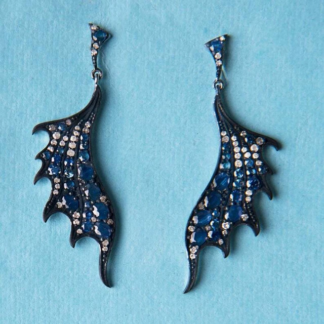 Sapphire Pave Diamond Dangle Earring Gold Plated Solid 925 Sterling Silver HG