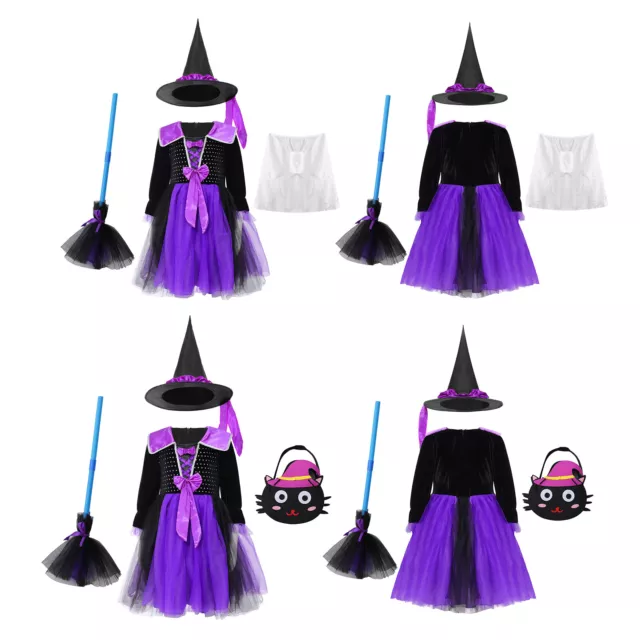 Kids Girls Magic Sorcerer Costume Vintage Witch Role Play Dress Up Retro Shiny