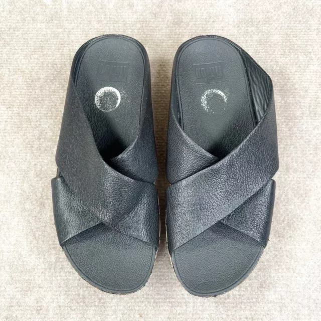 FITFLOP Sandal Womens 8 Kys Slide Shoe Black Leather Cross Strap Cork Heel Wedge