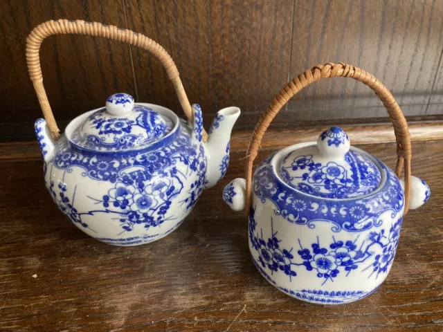 Vintage Chinese Style Teapot & Covered Sugar Blue Prunus Pattern Wicker Handle