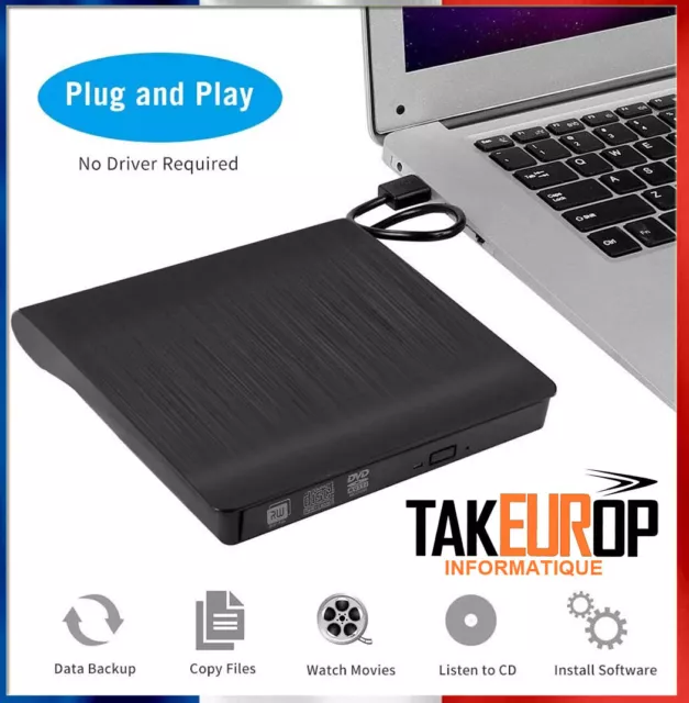 Lecteur CD DVD Externe Graveur USB 3.0 DVD Externe Portable RW/ROM Player  Reader