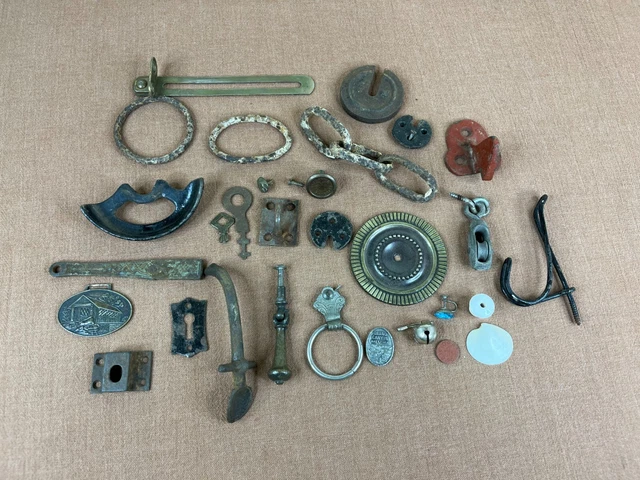 30 Piece Architectural Salvage Miscellaneous Hardware Lot Keys, Chain, Pulley