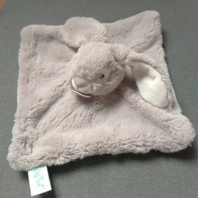 Doudou plat carré lapin fourrure gris réglisse blanc Baby Nat Babynat