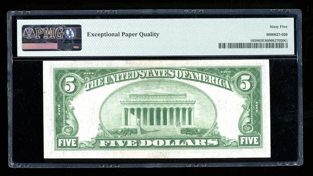 DBR 1934 $5 Silver Gem Fr. 1650 DA Block PMG 65 EPQ Serial D37498555A 2