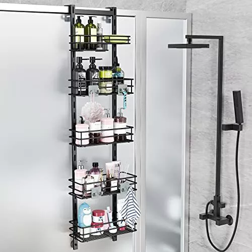 Organizador colgante de baño negro para carrito de ducha ajustable de 5 niveles