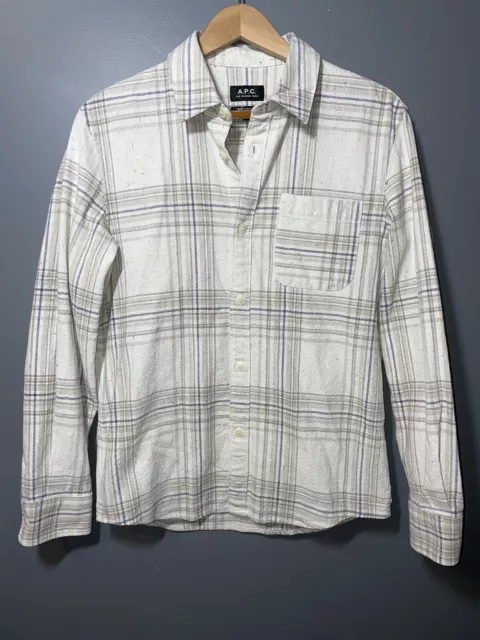 APC Men’s Small Button Up Shirt Long Sleeve Plaid Purple Gray Mutli color Thread