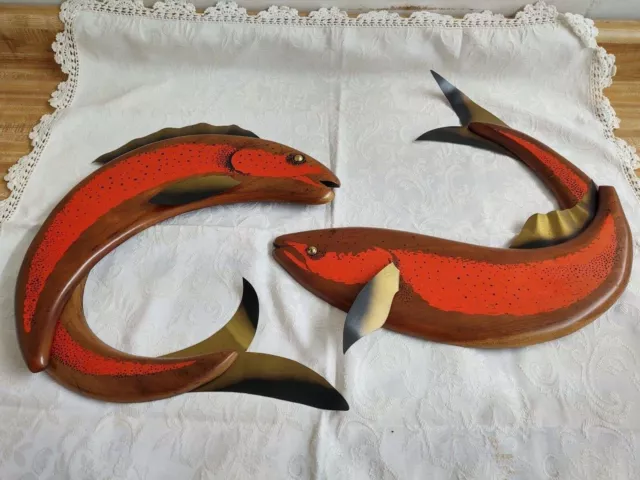 Vtg. painted wood and metal fish wall decor pair.
