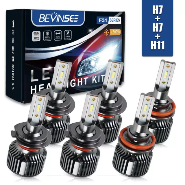 Bevinsee 6x H7 H11/H8 LED Headlight Fog Light Bulbs 6000K Hi/Low Beam 150W Set