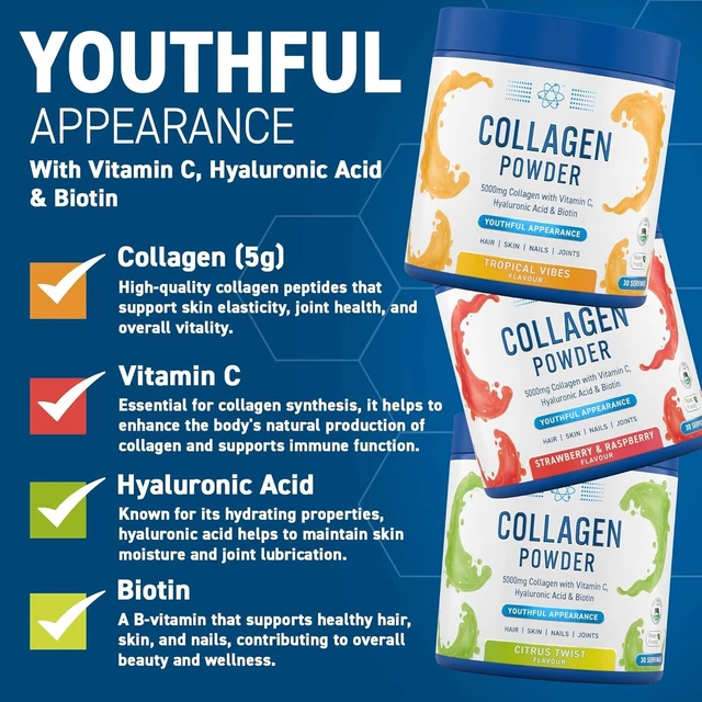 COLLAGEN POWDER HYDROLYSED Peptides Vitamin C Hyaluronic Acid Biotin 30 ...